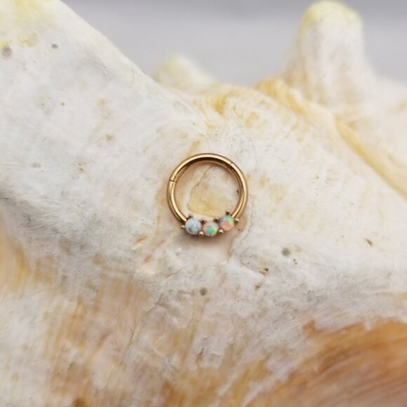 16G hinged ring 3 white opals rose gold tragus, daith cartilage piercings - Picture 2 of 2
